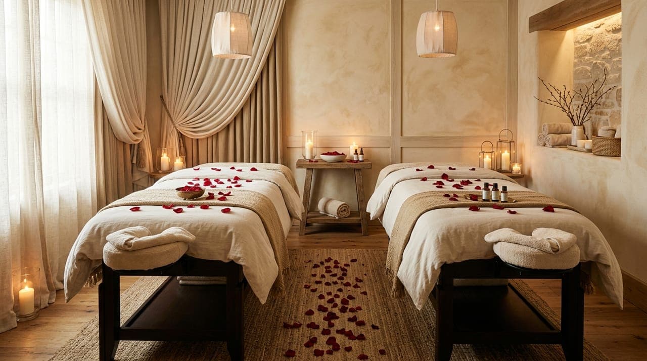 A couples treatment room with two beds and warm light