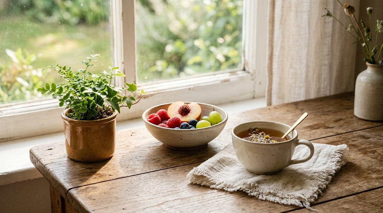 A calm morning with herbal tea and natural light — a healthy lifestyle