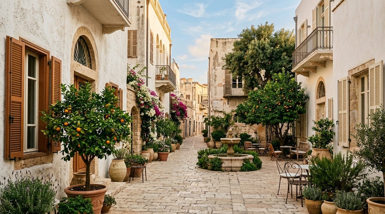 The Suzanne Dellal plaza with citrus trees and stone courtyards in Neve Tzedek